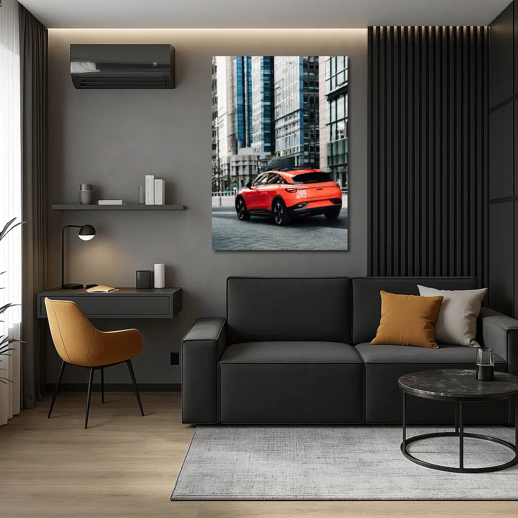 Red Electric SUV City Glass Buildings – Wall Art