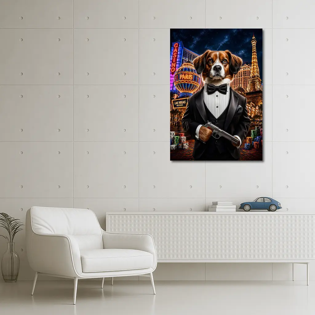 Tuxedo Dog Secret Agent Las Vegas Night – Wall Art