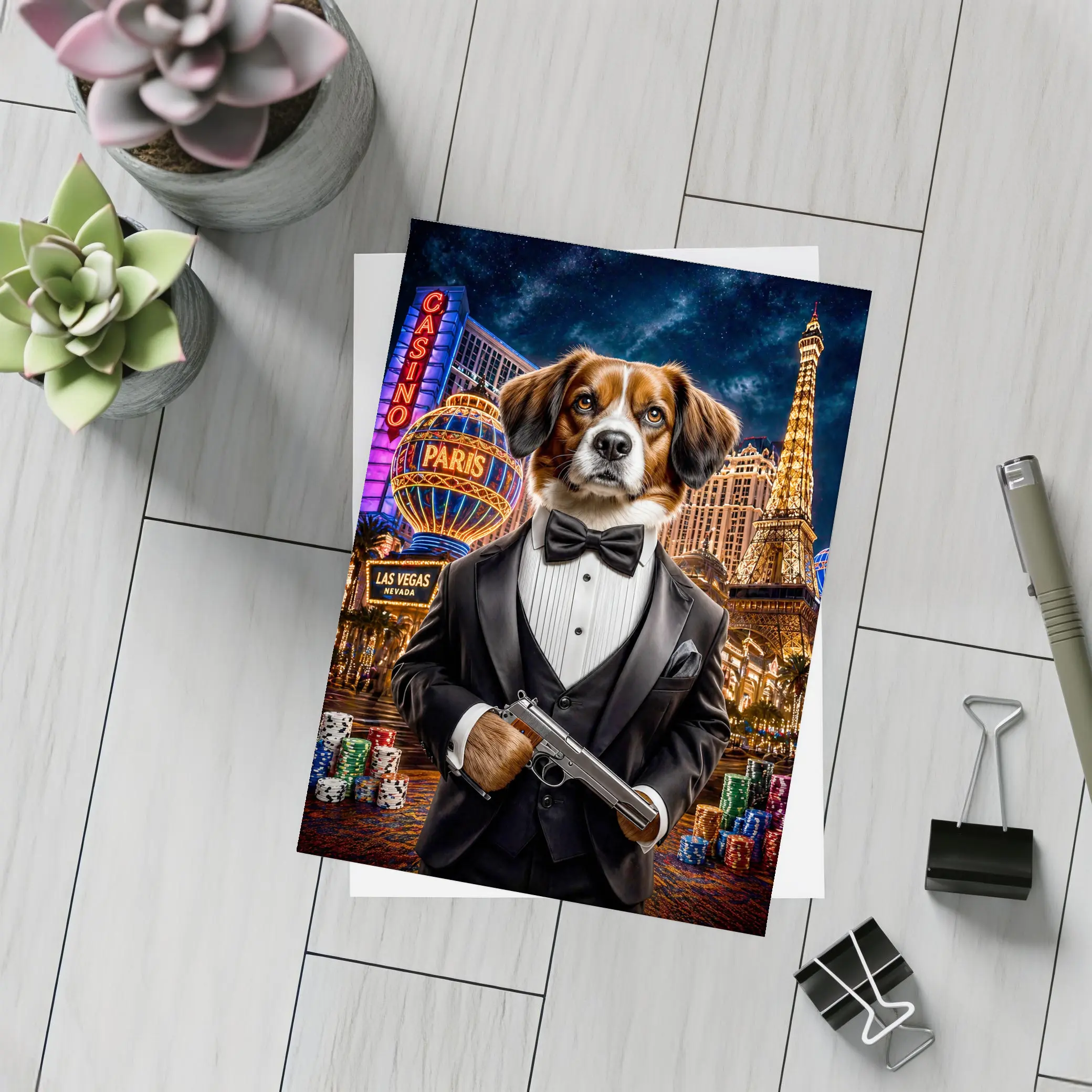 Tuxedo Dog Secret Agent Las Vegas Night – Postcards