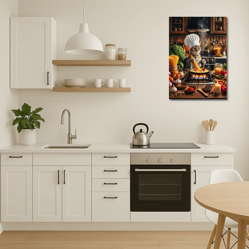 Chef Cat Cooking Pasta Kitchen Scene – Wall Art