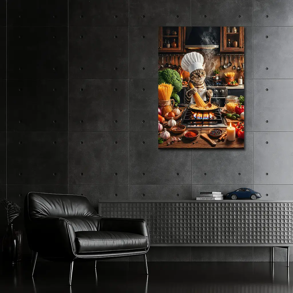 Chef Cat Cooking Pasta Kitchen Scene – Wall Art