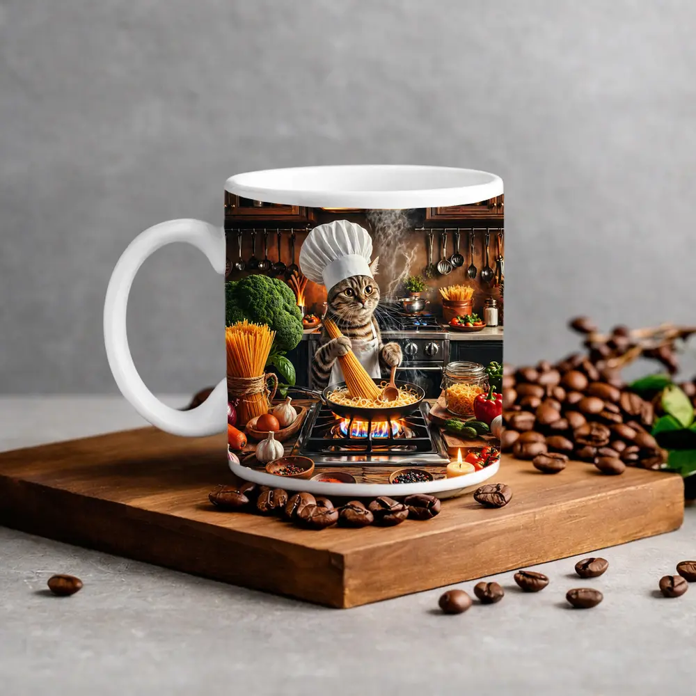 Chef Cat Cooking Pasta Kitchen Scene – Mugs