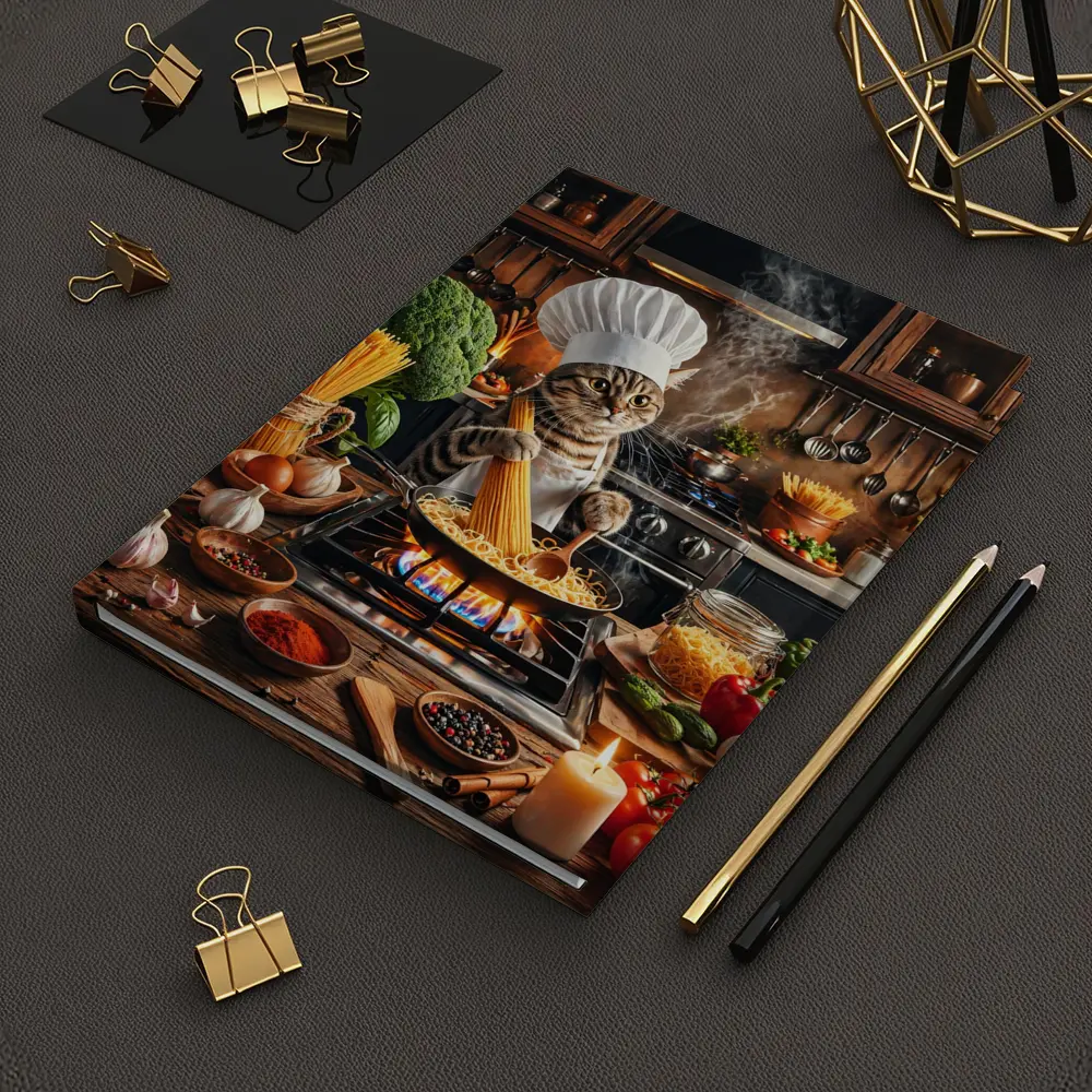 Chef Cat Cooking Pasta Kitchen Scene – Notebooks