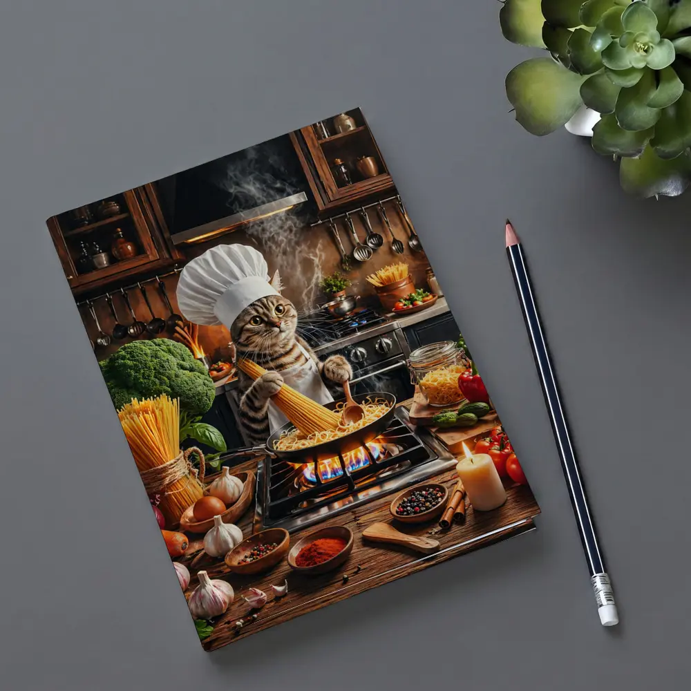 Chef Cat Cooking Pasta Kitchen Scene – Notebooks