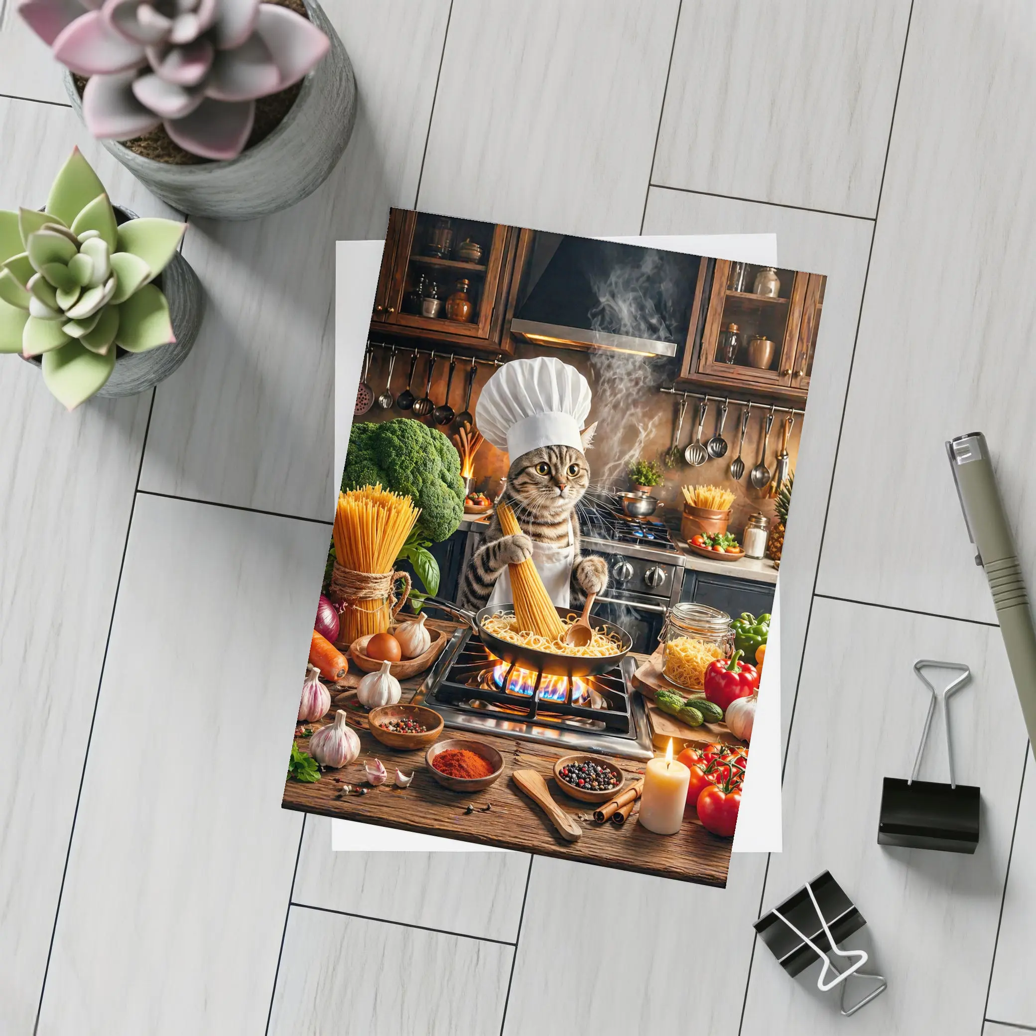 Chef Cat Cooking Pasta Kitchen Scene – Postcards