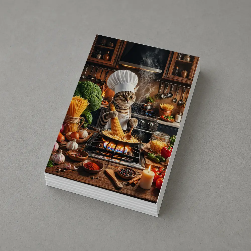 Chef Cat Cooking Pasta Kitchen Scene – Postcards