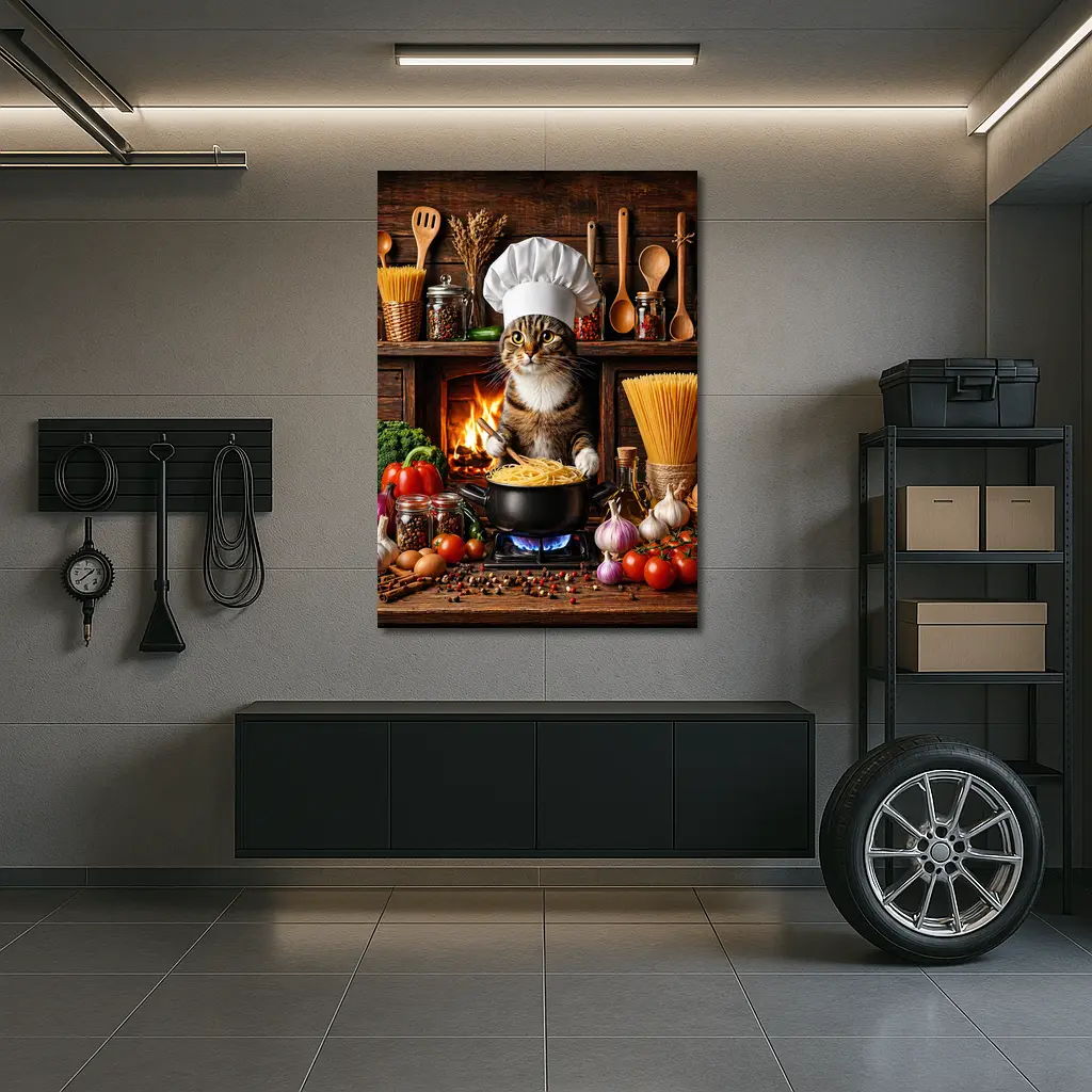 Tabby Cat Chef Cooking Pasta Kitchen – Wall Art