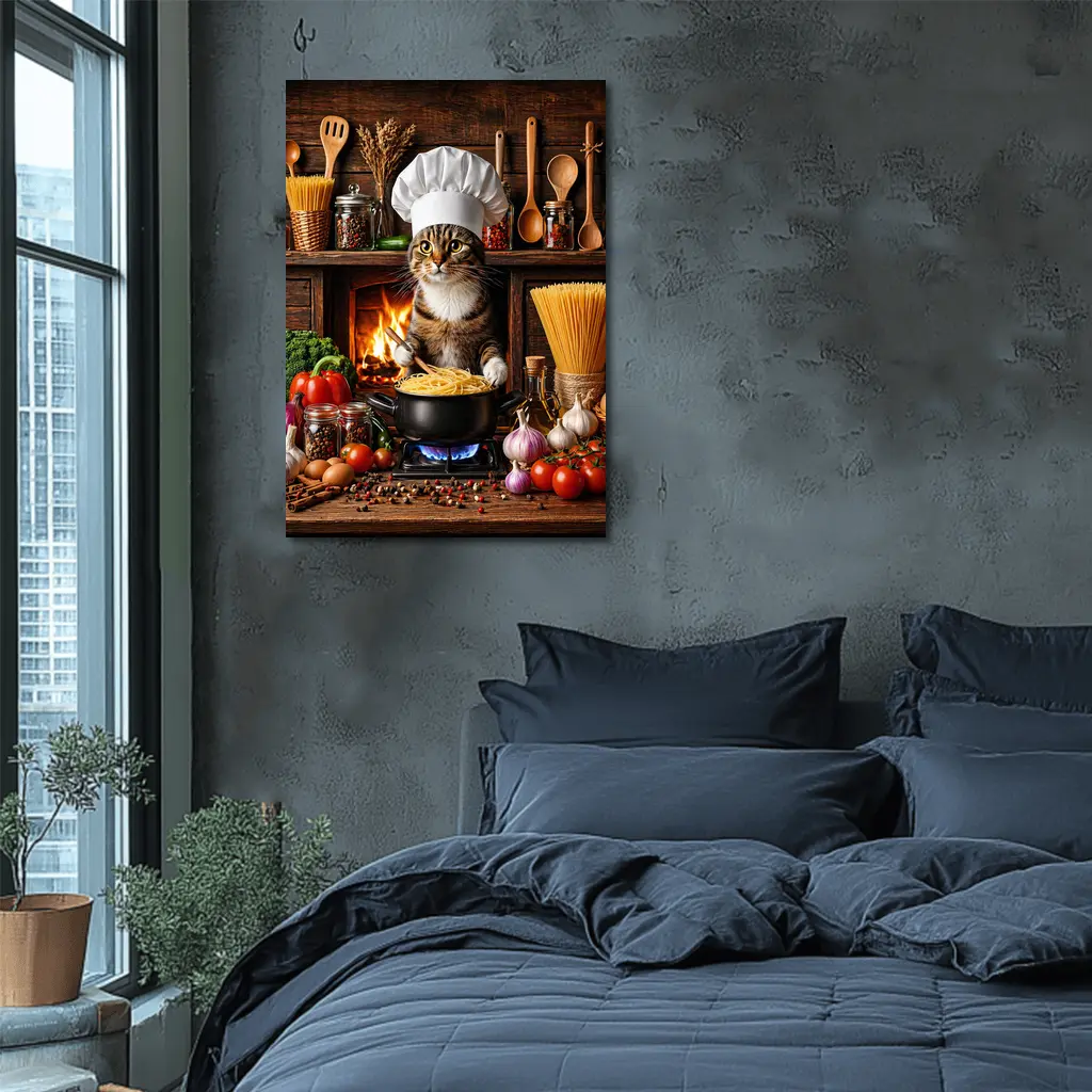 Tabby Cat Chef Cooking Pasta Kitchen – Wall Art