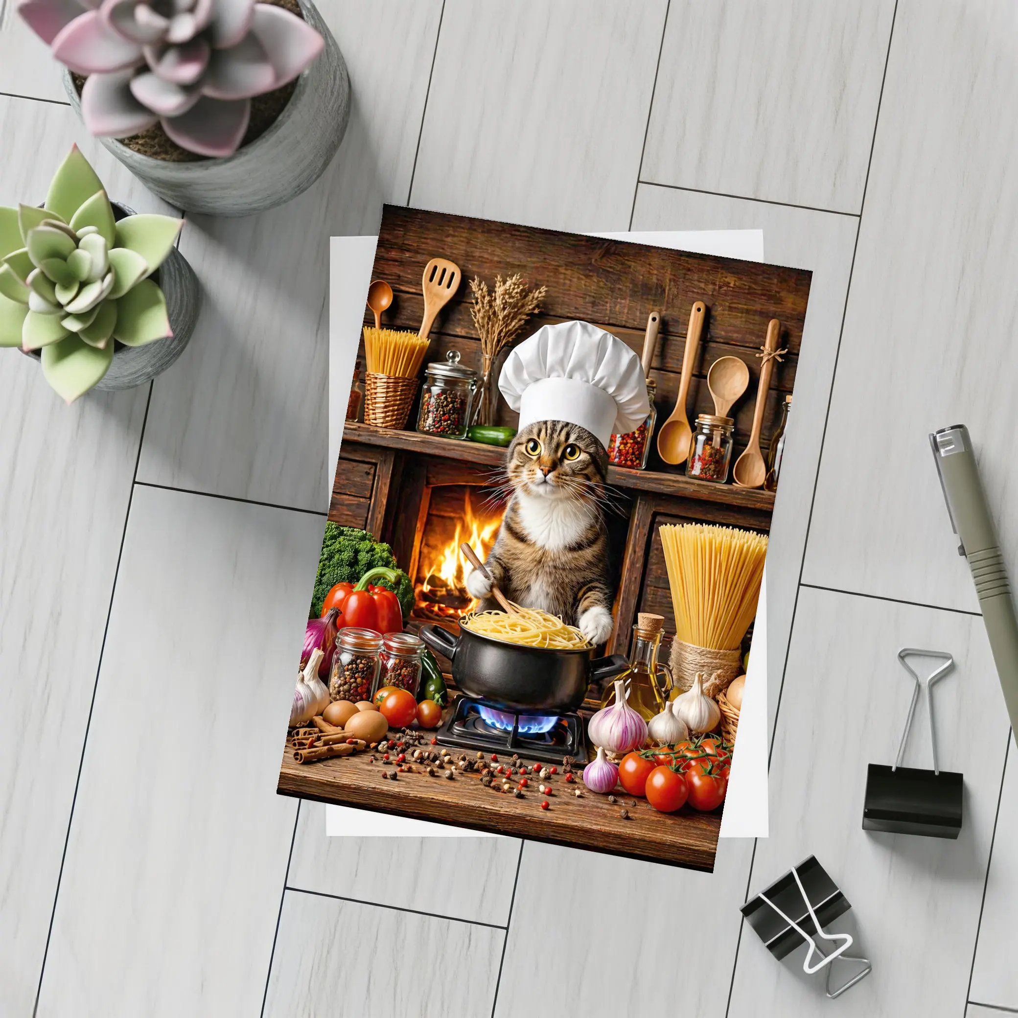 Tabby Cat Chef Cooking Pasta Kitchen – Postcards