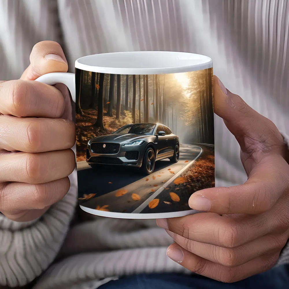 Jaguar E Pace Driving Through Autumn Forest – Mugs