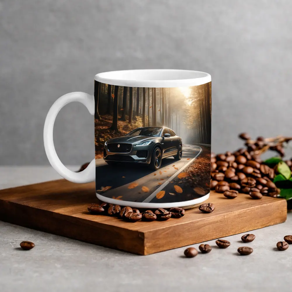 Jaguar E Pace Driving Through Autumn Forest – Mugs