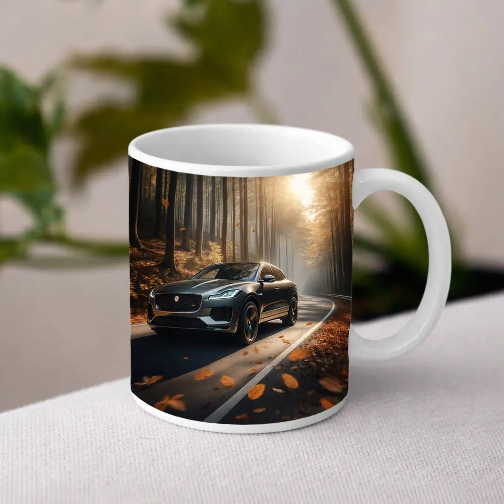 Jaguar E Pace Driving Through Autumn Forest – Mugs