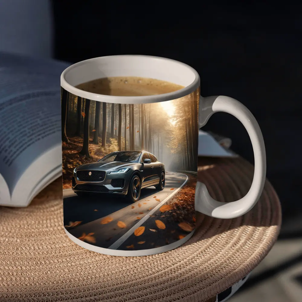 Jaguar E Pace Driving Through Autumn Forest – Mugs