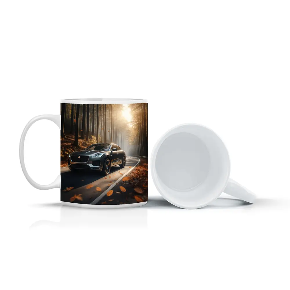 Jaguar E Pace Driving Through Autumn Forest – Mugs