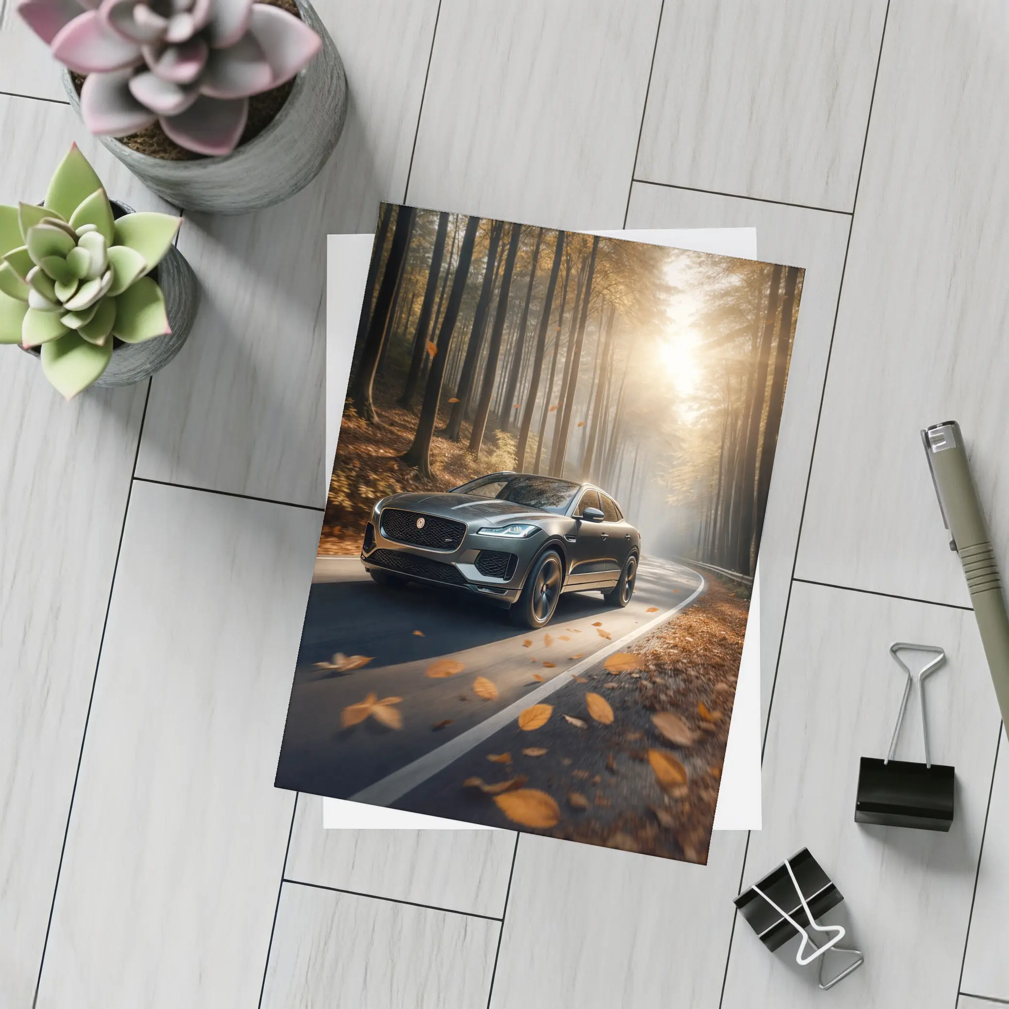 Jaguar E Pace Driving Through Autumn Forest – Postcards