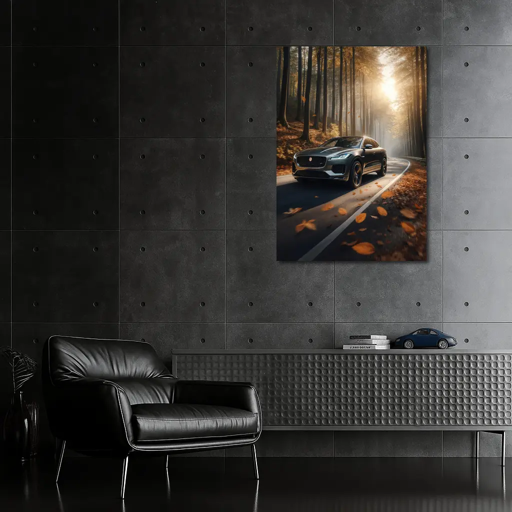 Jaguar E Pace Driving Through Autumn Forest – Wall Art