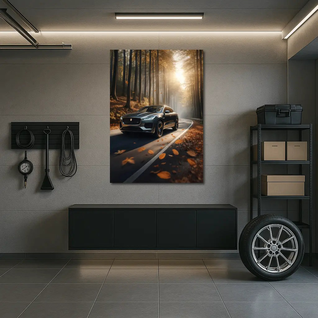 Jaguar E Pace Driving Through Autumn Forest – Wall Art