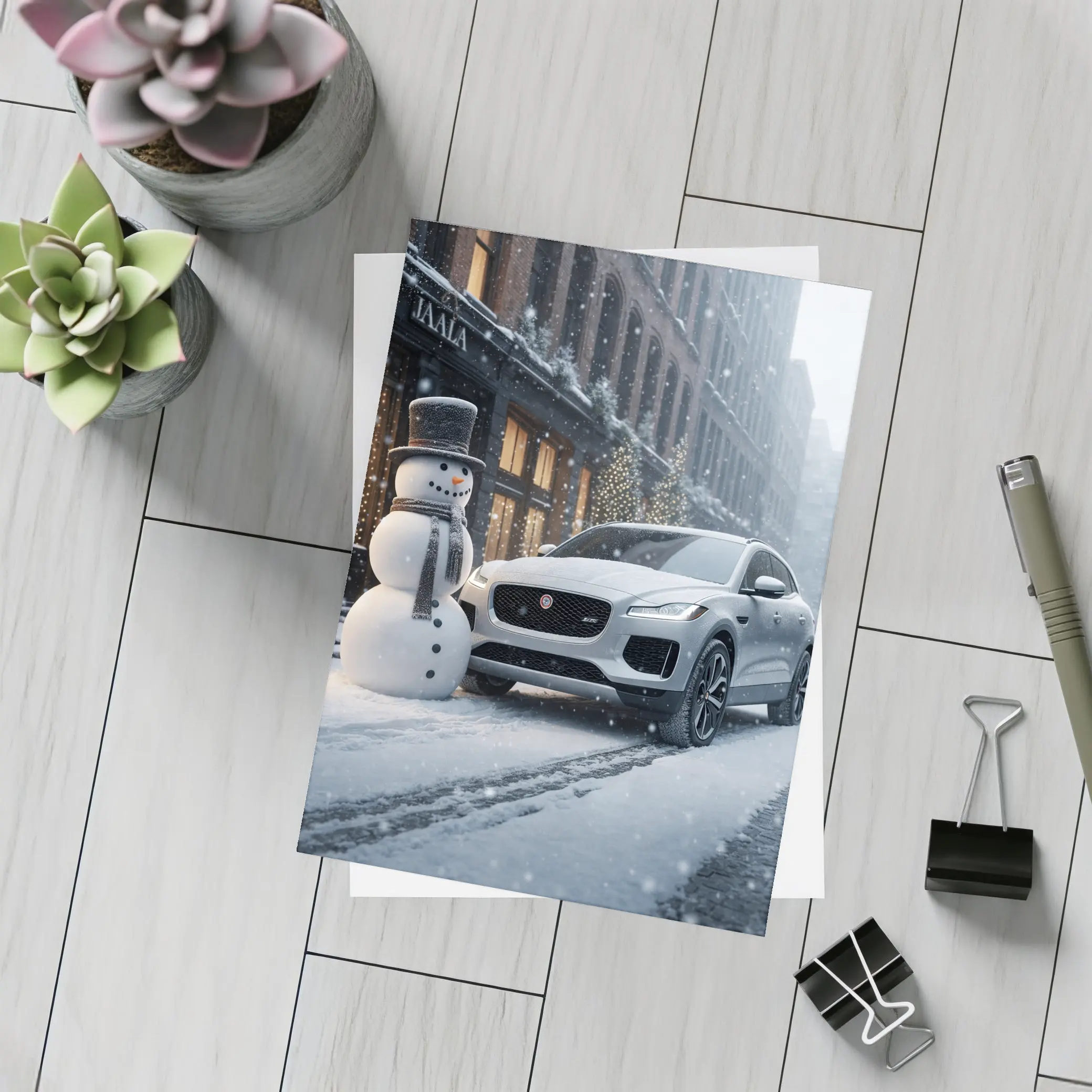 Jaguar E Pace Silver SUV Winter Snow Street – Postcards