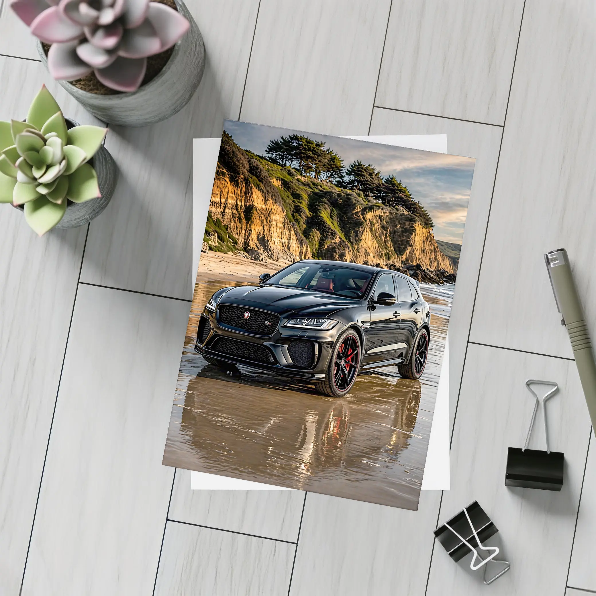 Jaguar F Pace SVR Black Beach Cliffs – Postcards
