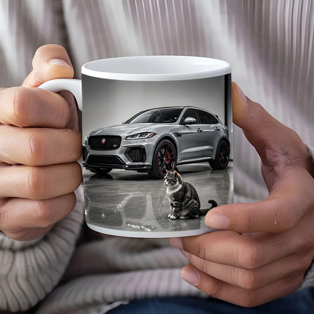 Jaguar F-Pace SVR Gray Showroom With Cat – Mugs