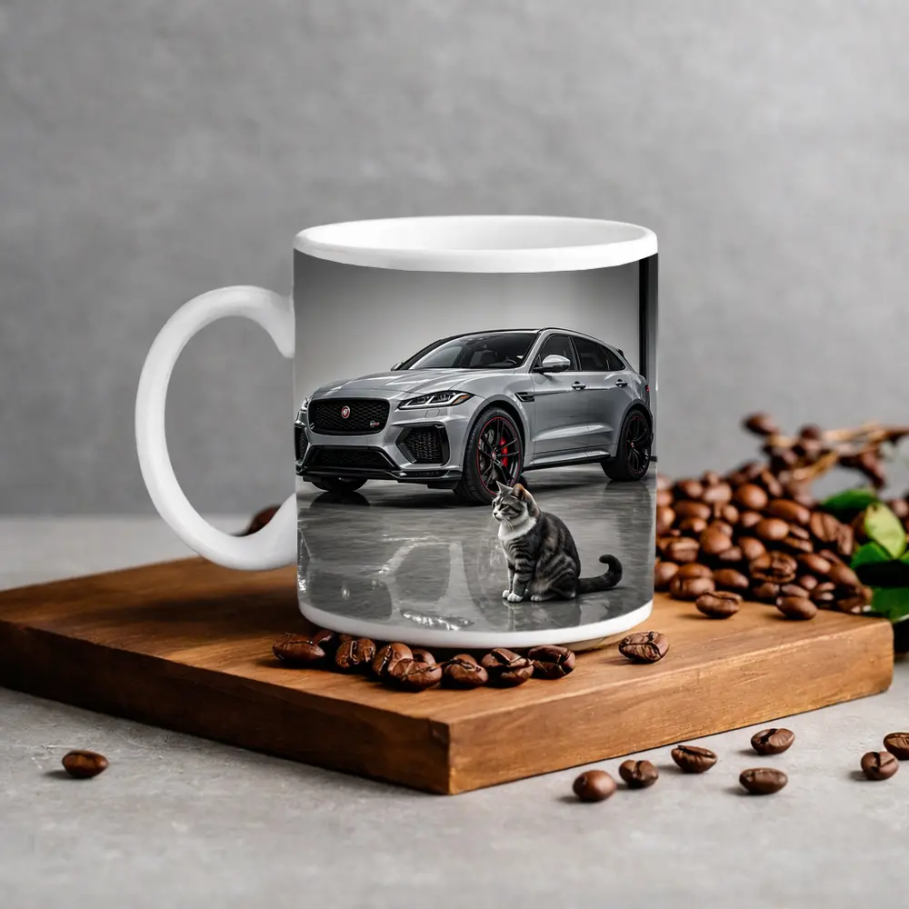 Jaguar F-Pace SVR Gray Showroom With Cat – Mugs