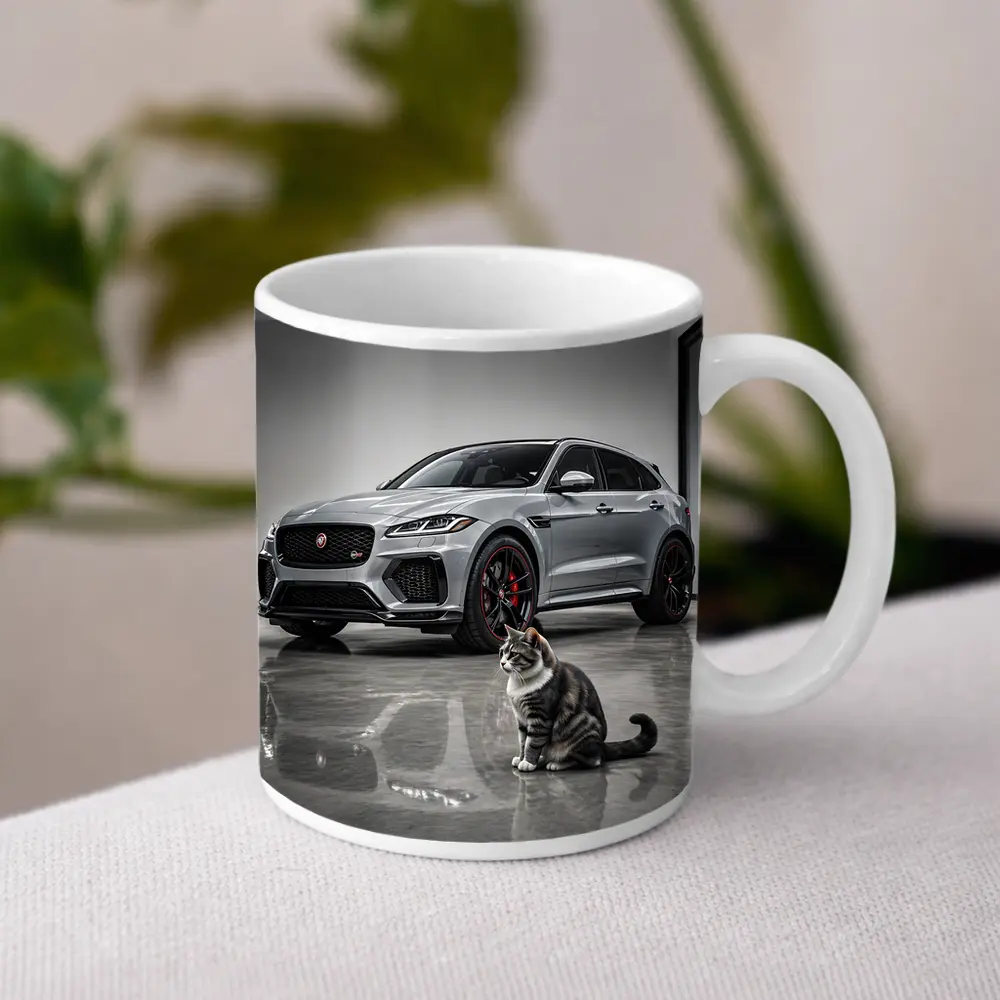 Jaguar F-Pace SVR Gray Showroom With Cat – Mugs