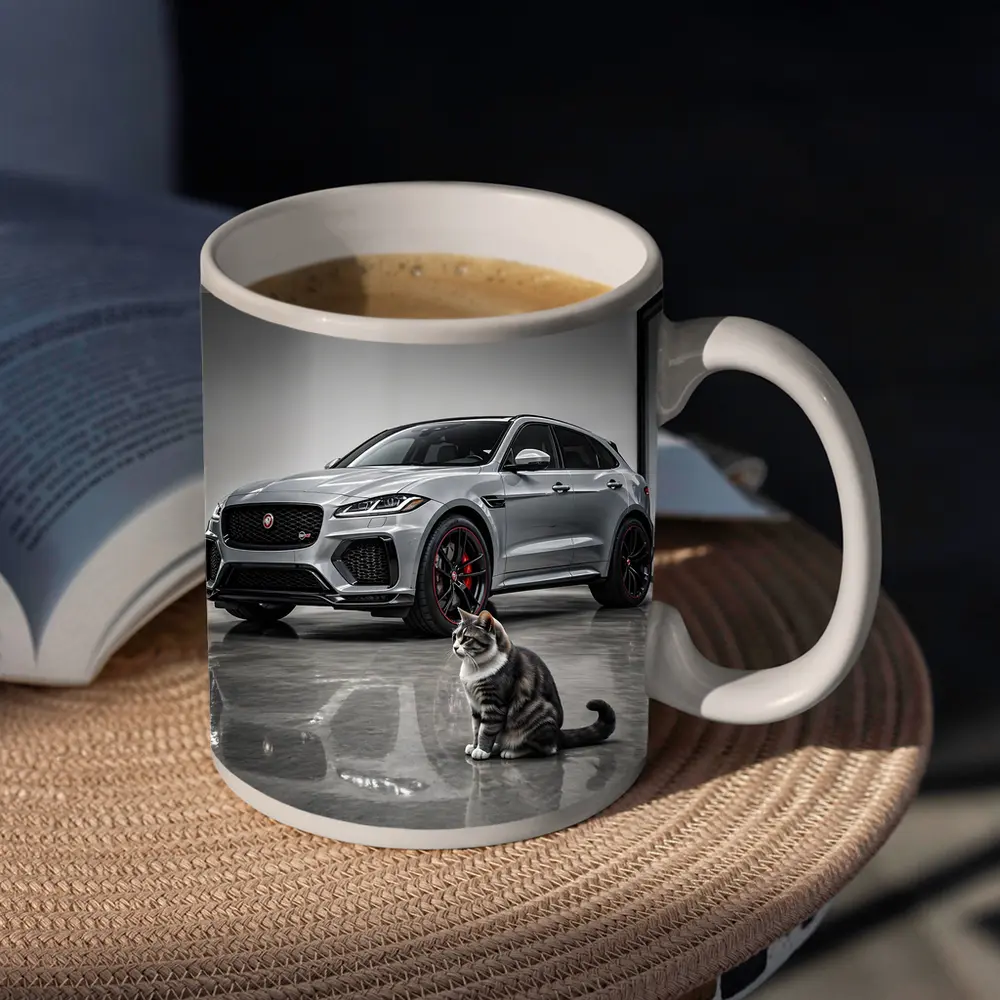 Jaguar F-Pace SVR Gray Showroom With Cat – Mugs