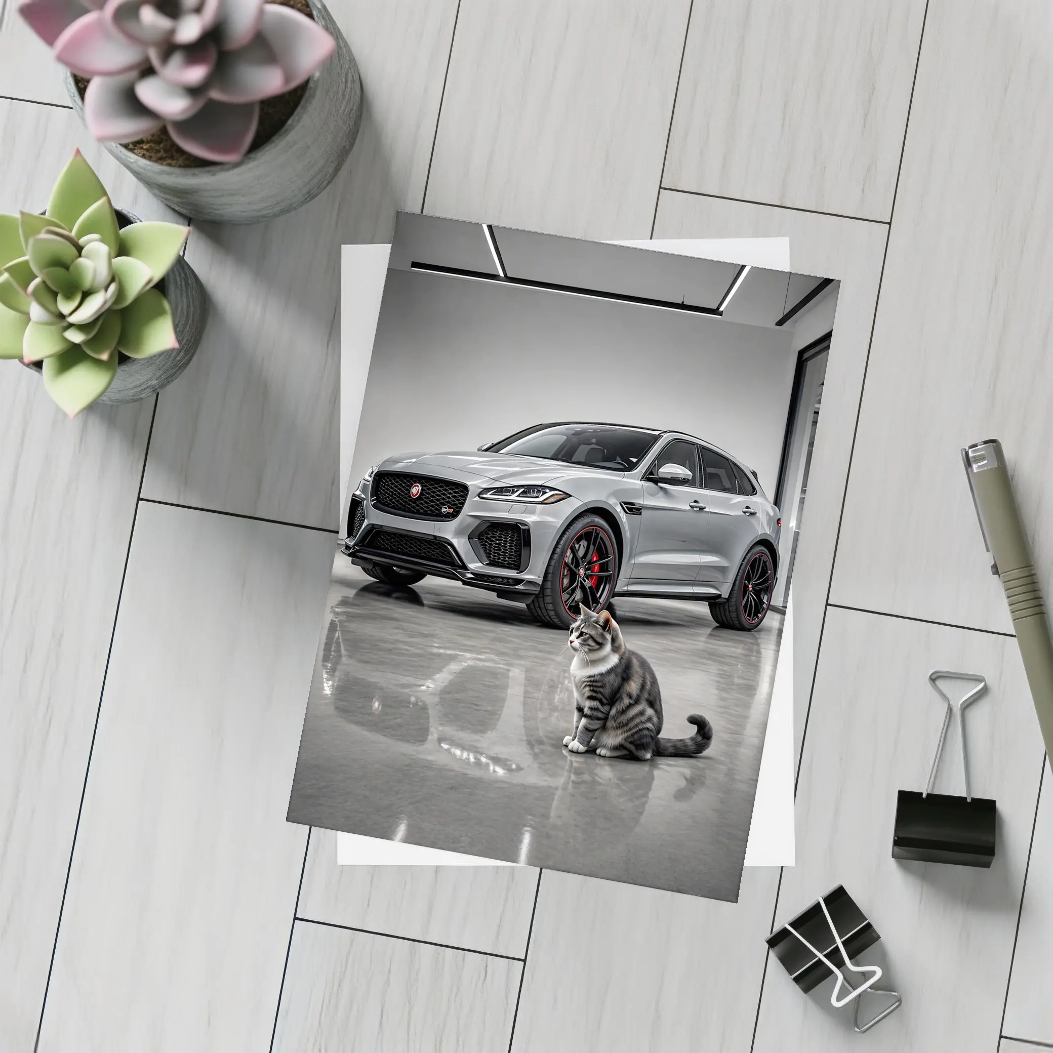 Jaguar F-Pace SVR Gray Showroom With Cat – Postcards