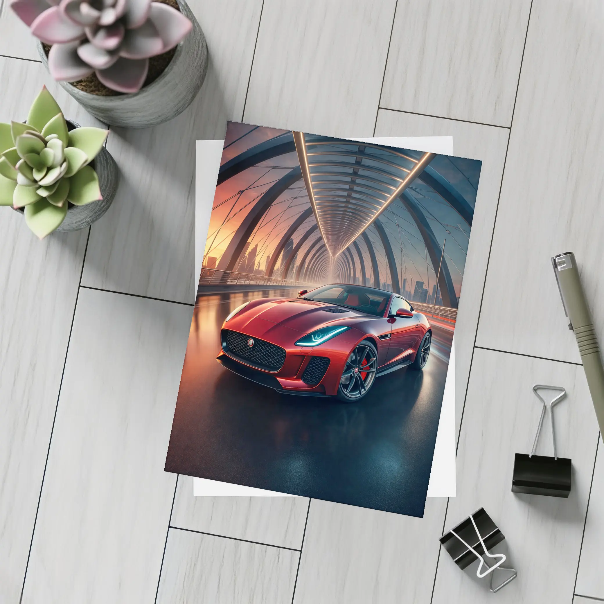 Jaguar F-Type Red on Glowing Bridge – Postcards