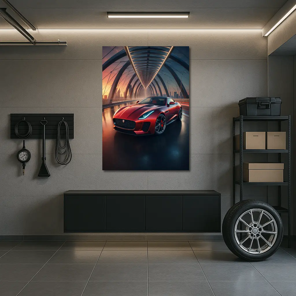 Jaguar F-Type Red on Glowing Bridge – Wall Art