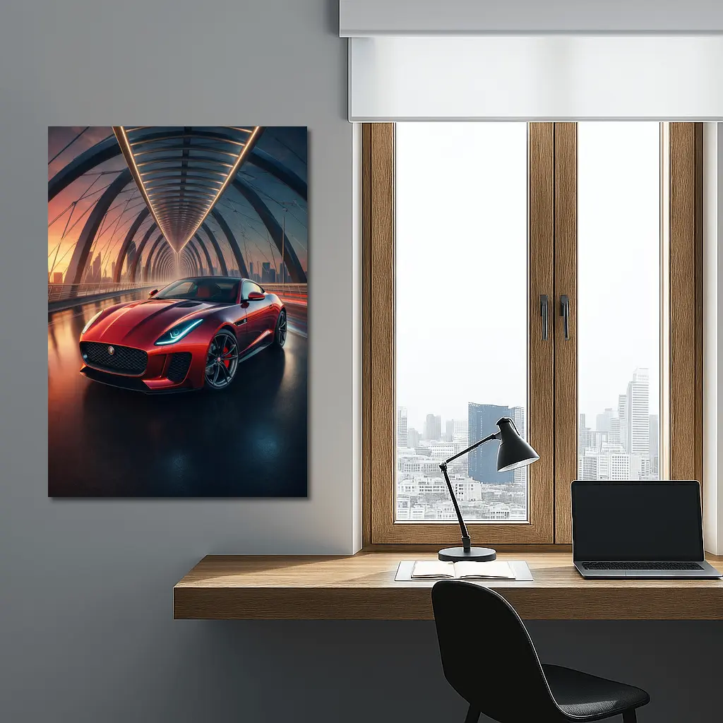 Jaguar F-Type Red on Glowing Bridge – Wall Art