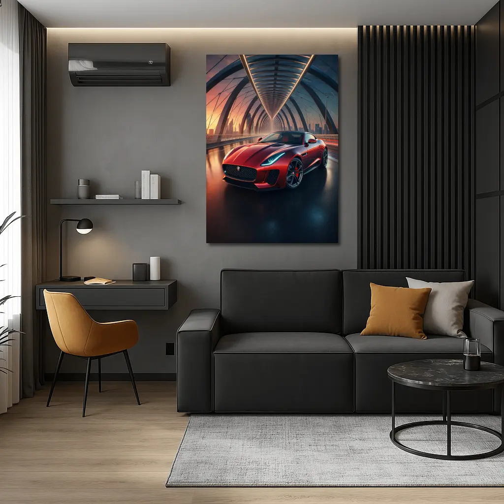 Jaguar F-Type Red on Glowing Bridge – Wall Art