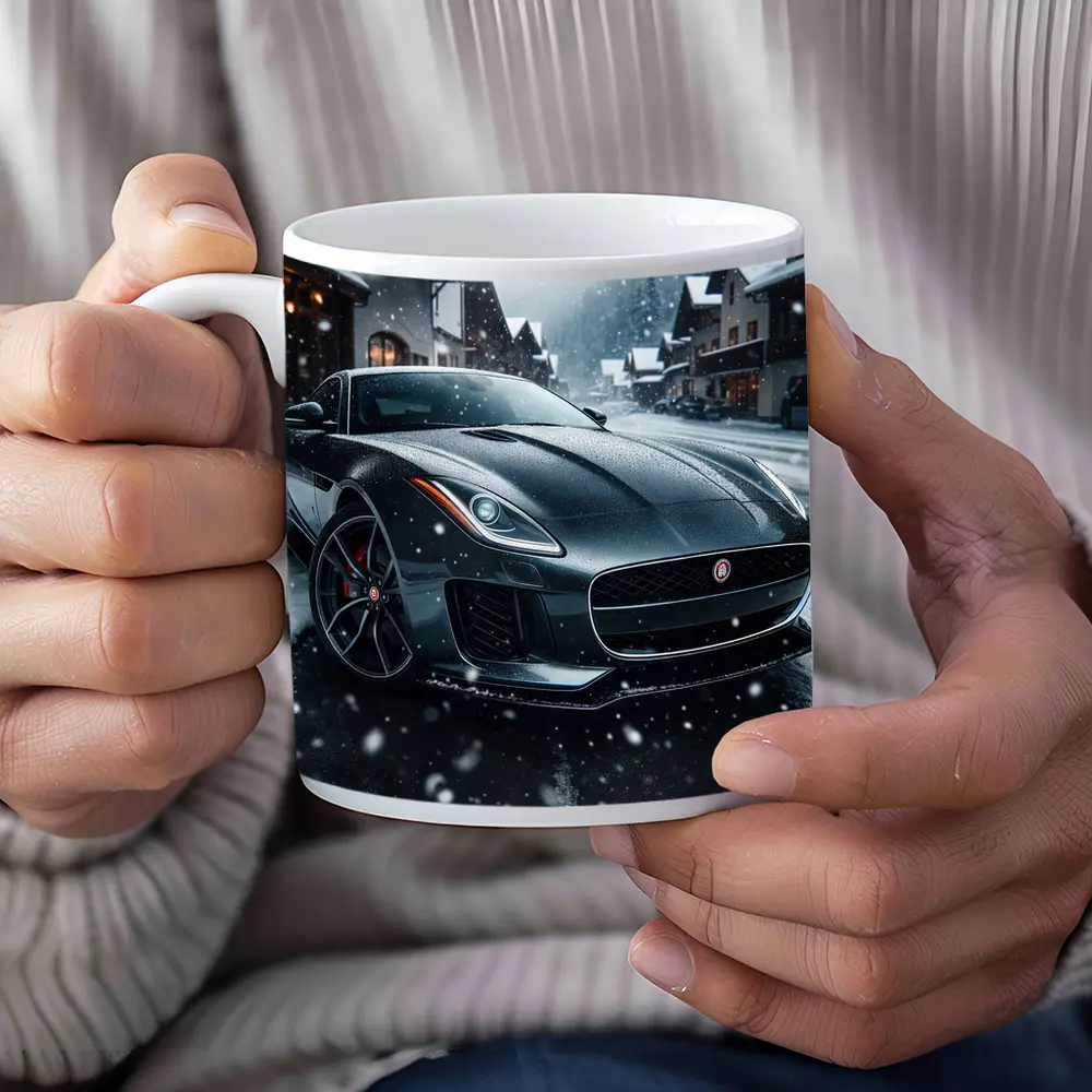 Jaguar F-Type Grey Coupe Snowy Village – Mugs