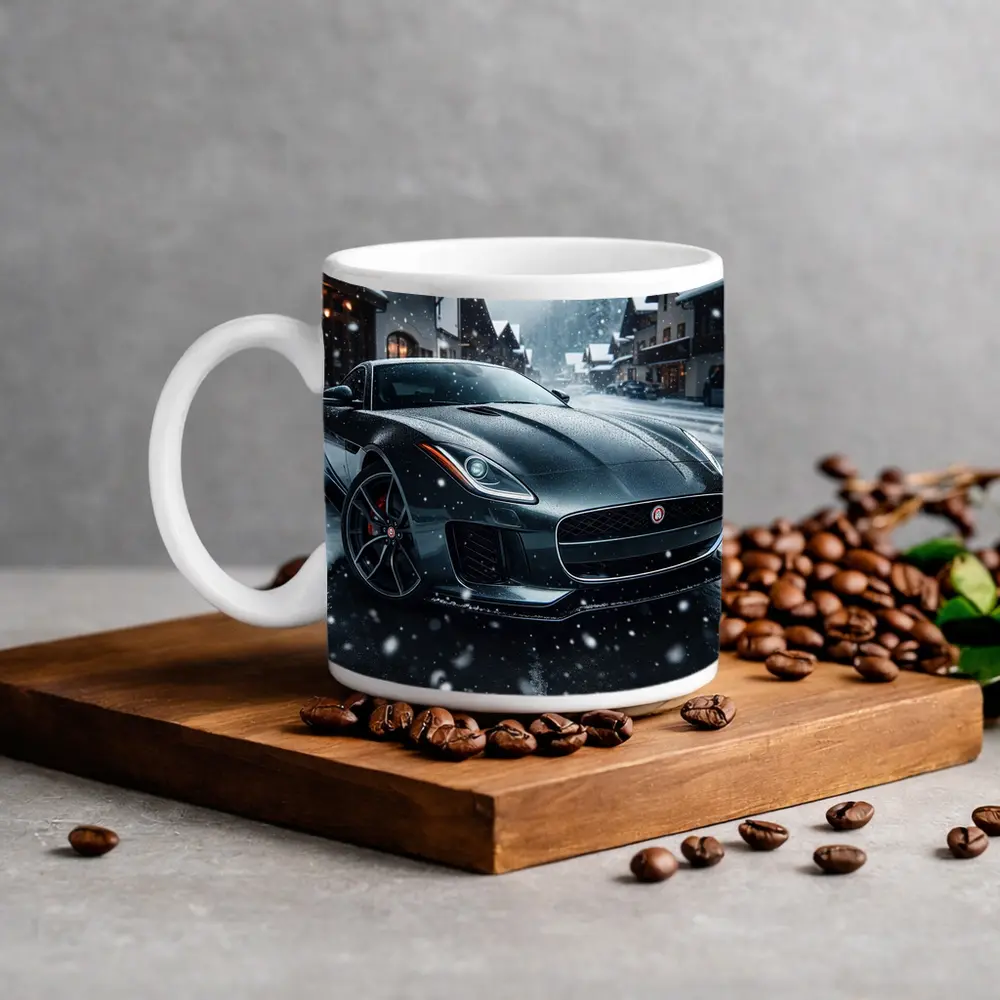 Jaguar F-Type Grey Coupe Snowy Village – Mugs