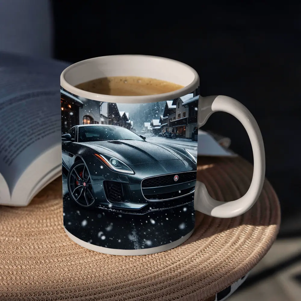 Jaguar F-Type Grey Coupe Snowy Village – Mugs