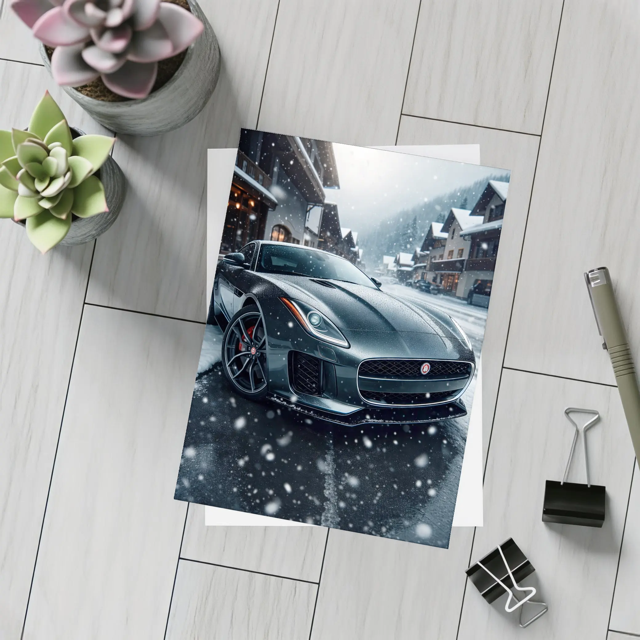 Jaguar F-Type Grey Coupe Snowy Village – Postcards