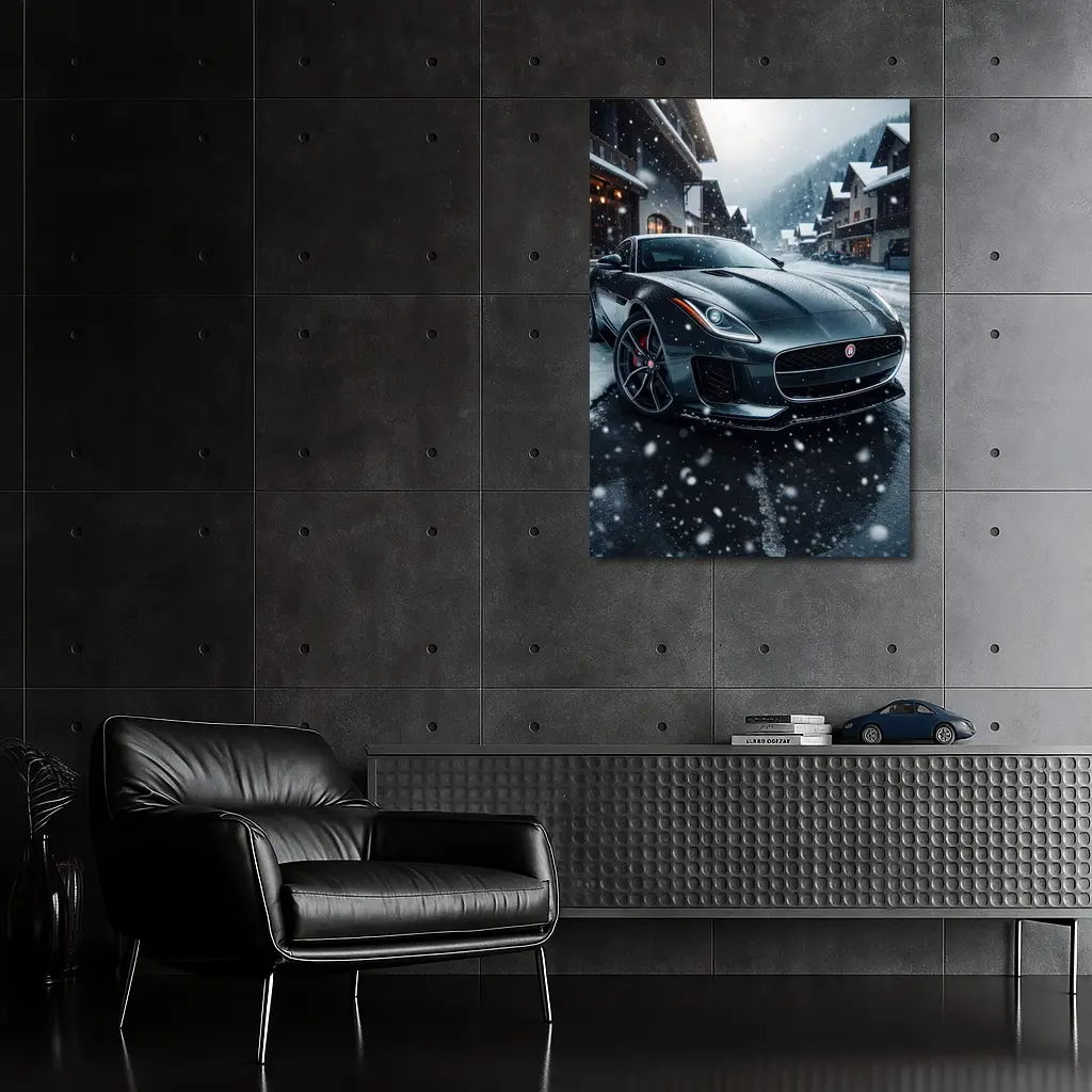Jaguar F-Type Grey Coupe Snowy Village – Wall Art