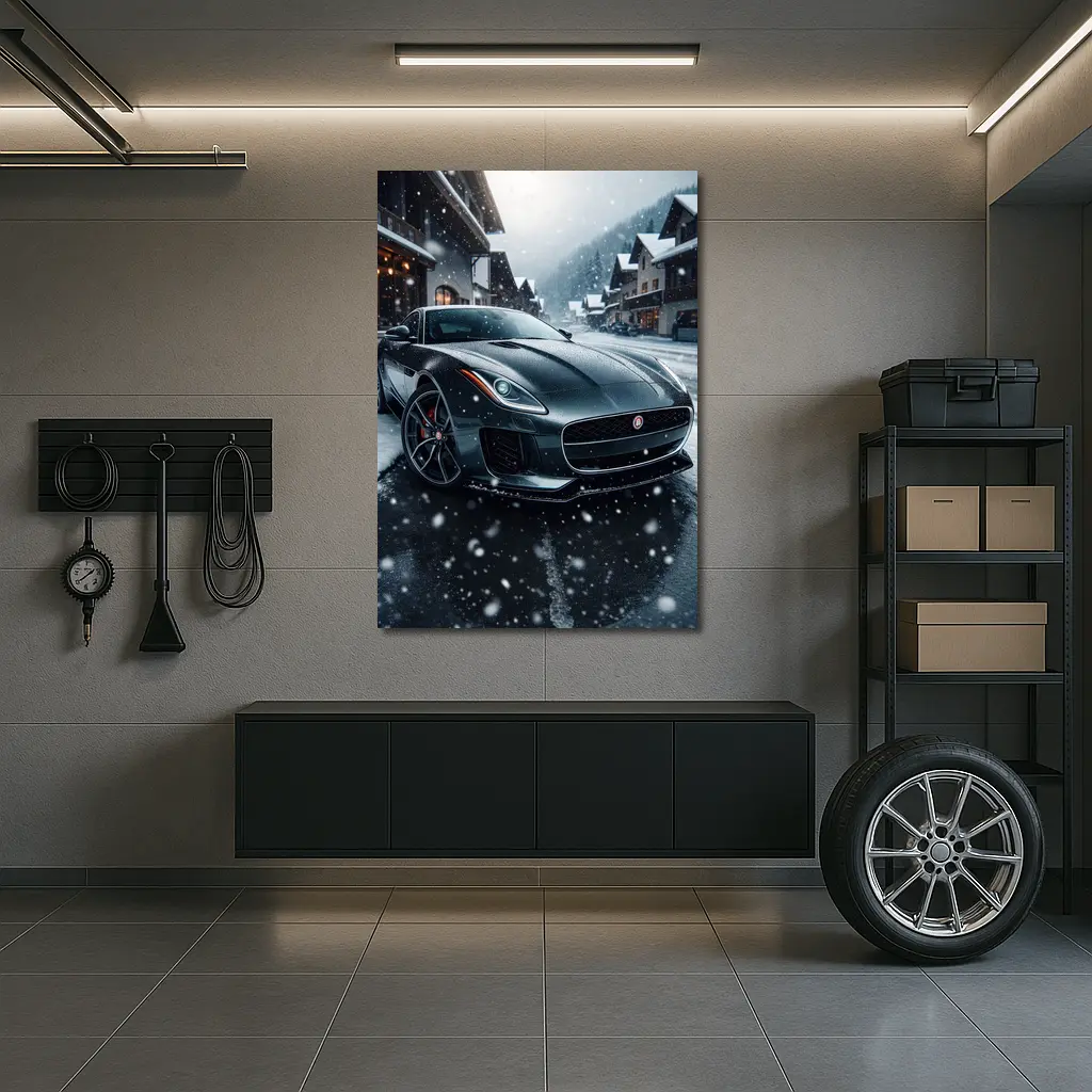 Jaguar F-Type Grey Coupe Snowy Village – Wall Art