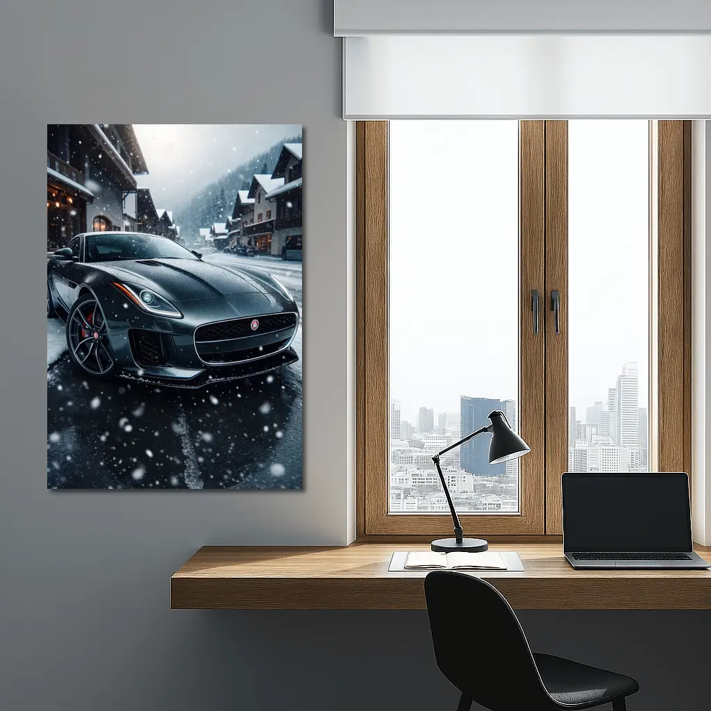 Jaguar F-Type Grey Coupe Snowy Village – Wall Art