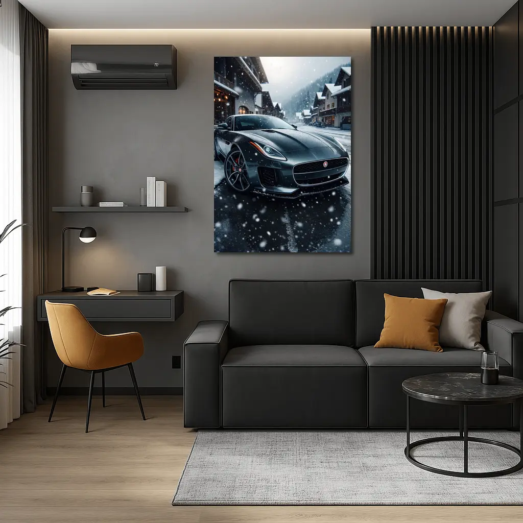 Jaguar F-Type Grey Coupe Snowy Village – Wall Art