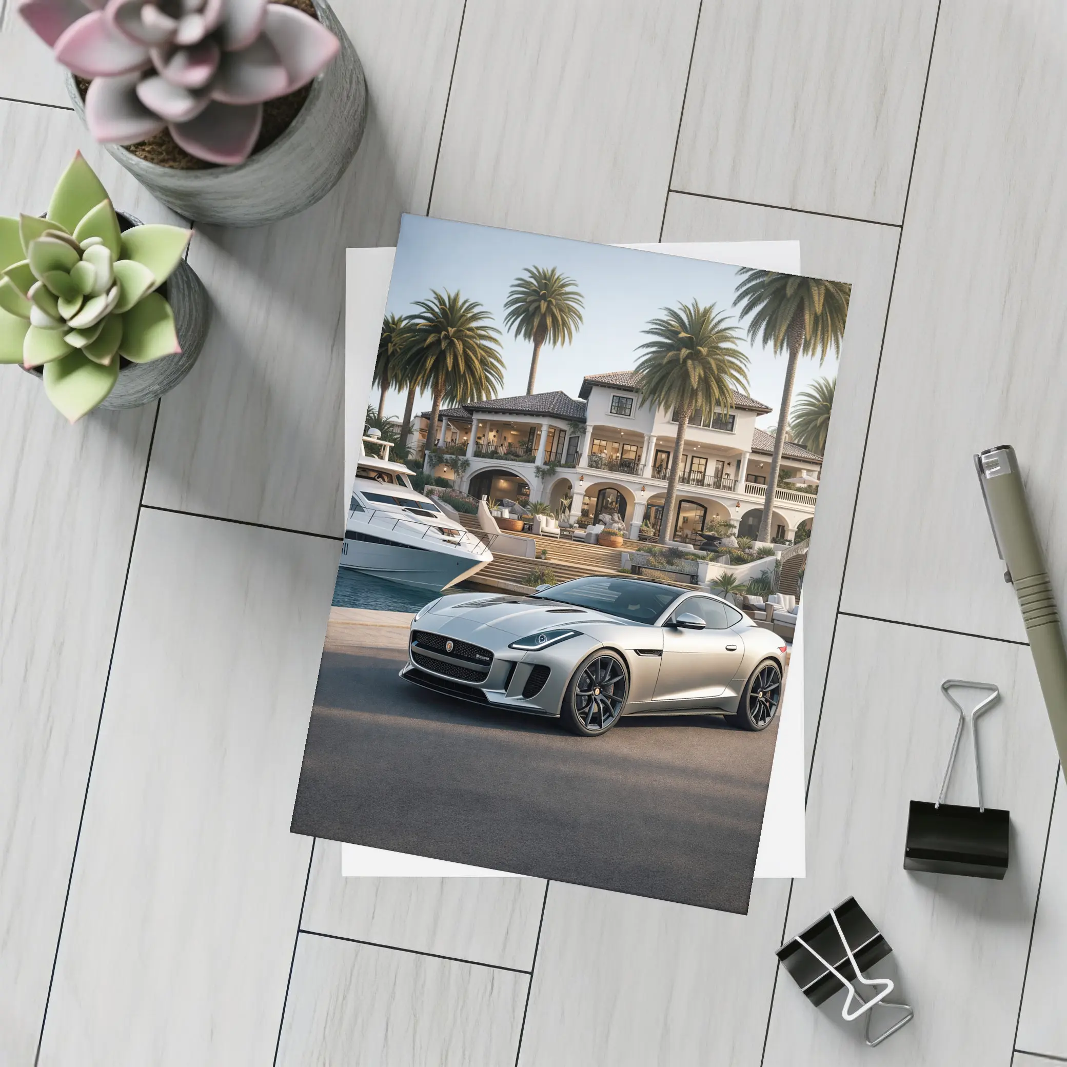 Jaguar F-Type Silver Luxury Mansion Waterfront – Postcards
