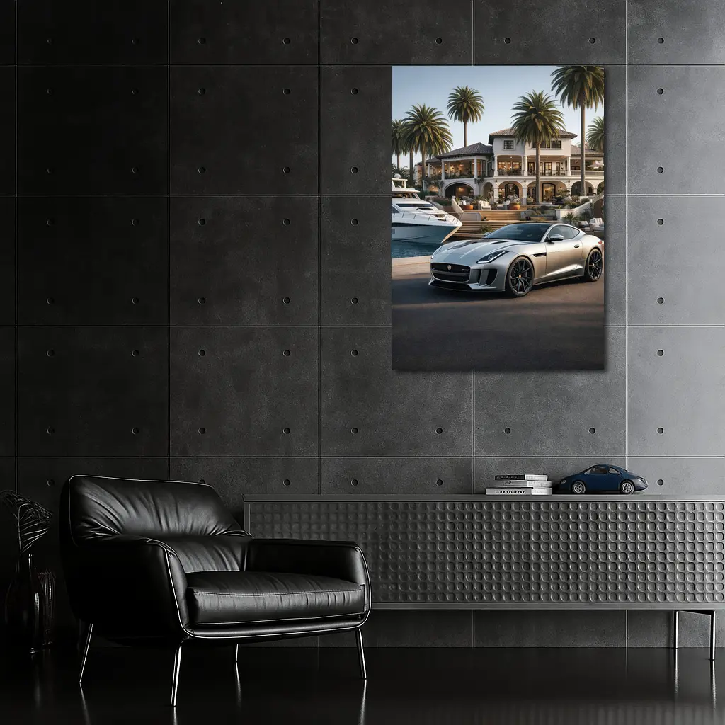Jaguar F-Type Silver Luxury Mansion Waterfront – Wall Art