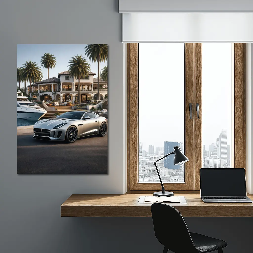 Jaguar F-Type Silver Luxury Mansion Waterfront – Wall Art