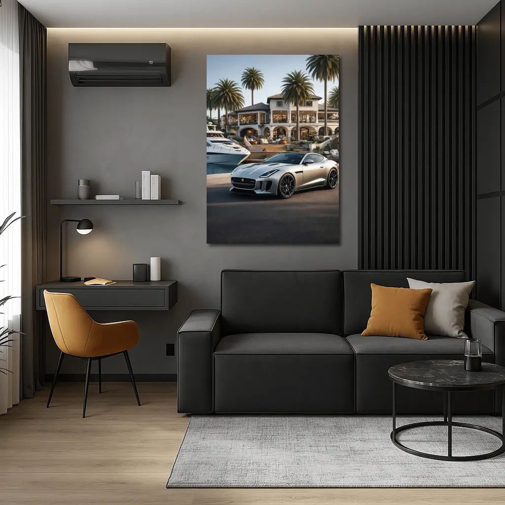 Jaguar F-Type Silver Luxury Mansion Waterfront – Wall Art