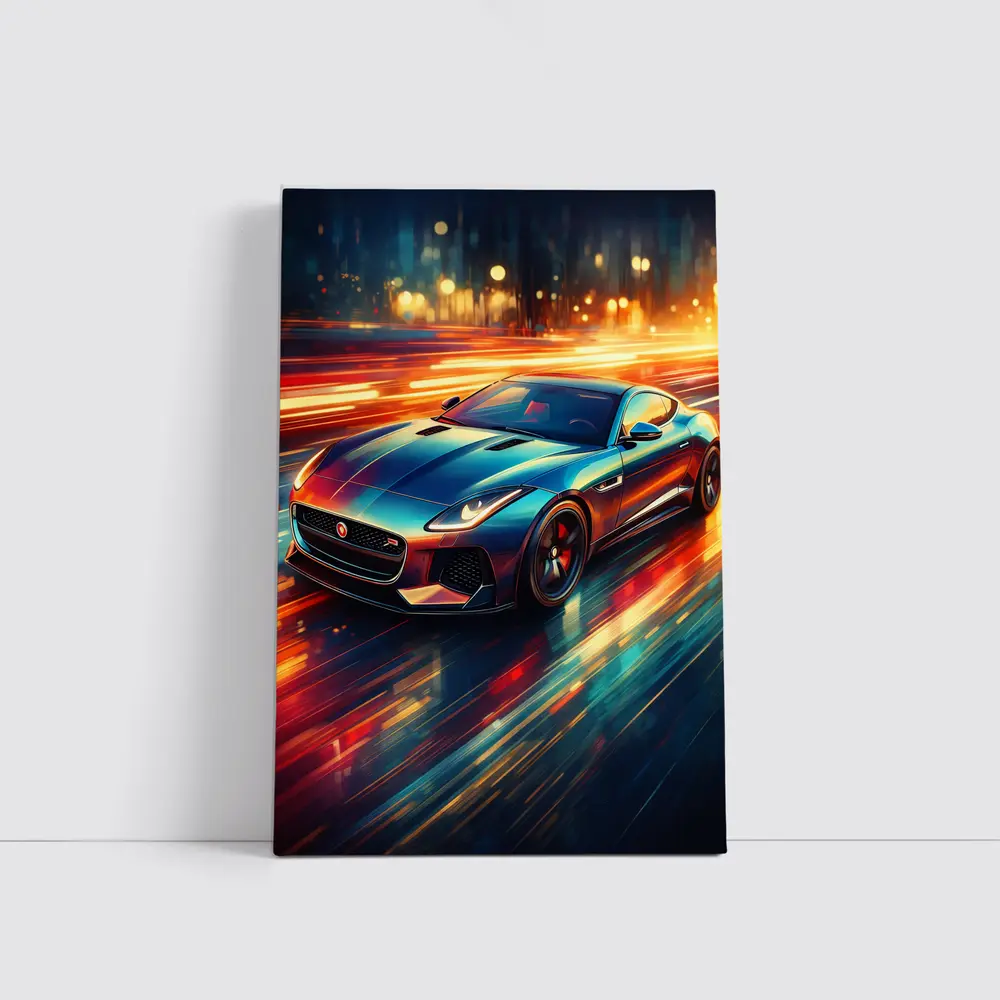 Jaguar F Type Racing Through Neon City – Wall Art