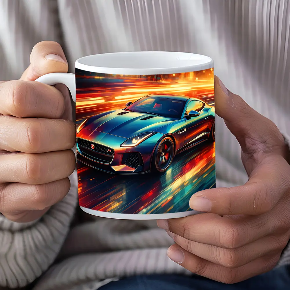 Jaguar F Type Racing Through Neon City – Mugs