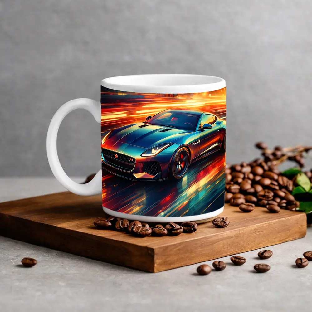 Jaguar F Type Racing Through Neon City – Mugs