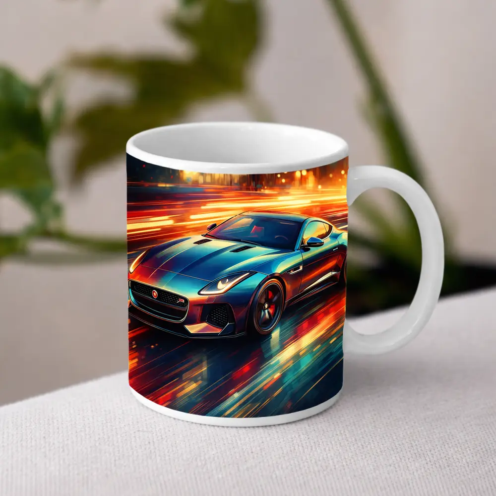 Jaguar F Type Racing Through Neon City – Mugs