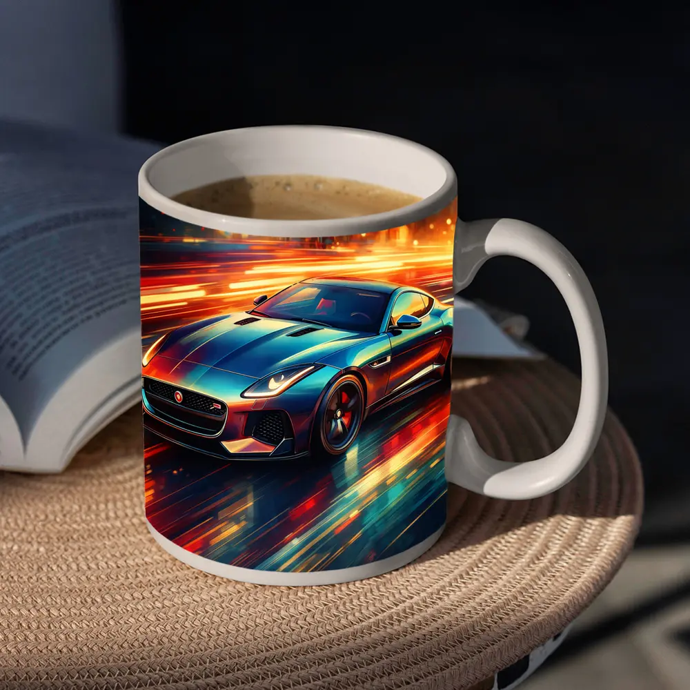 Jaguar F Type Racing Through Neon City – Mugs