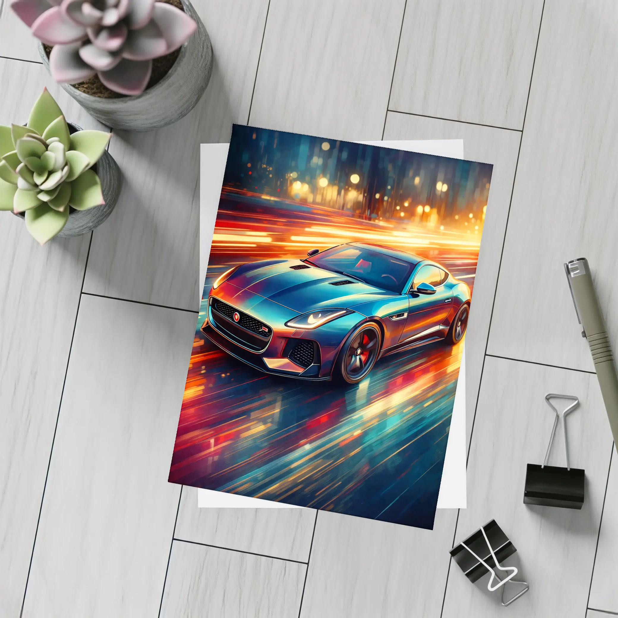 Jaguar F Type Racing Through Neon City – Postcards
